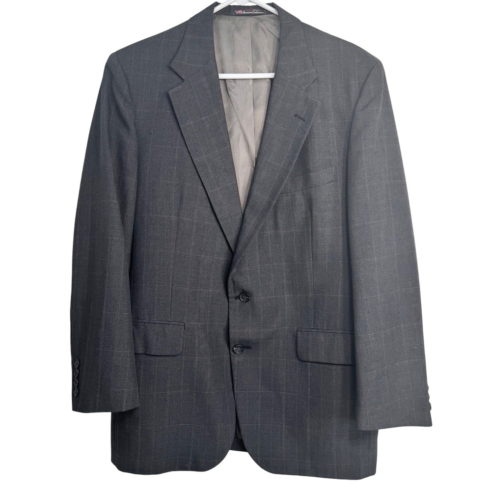 Stafford Single Gray Windowpane Plaid Blazer Suit Jacket Sport Coat USA 43R Mens
